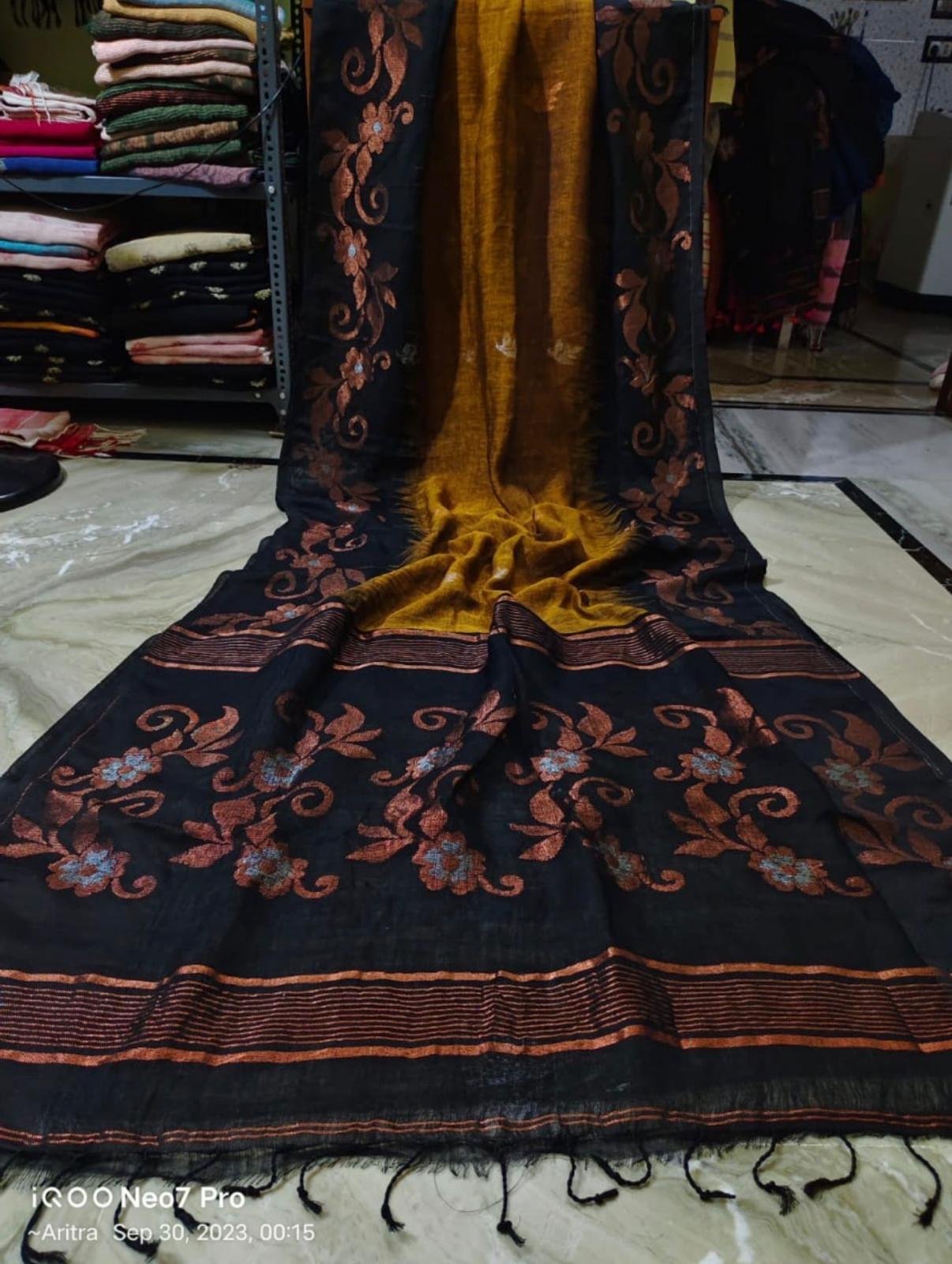 Noir Botanical Hand-painted Saree by Muditaa Fashions