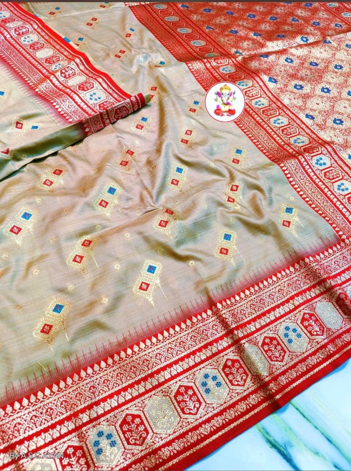Pearl Red Temple Saree by Muditaa Fashions