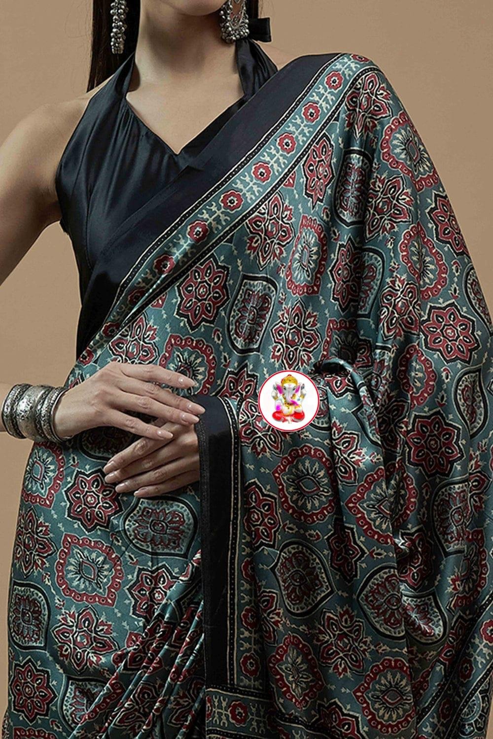 Slate Ajrakh Saree by Muditaa Fashions