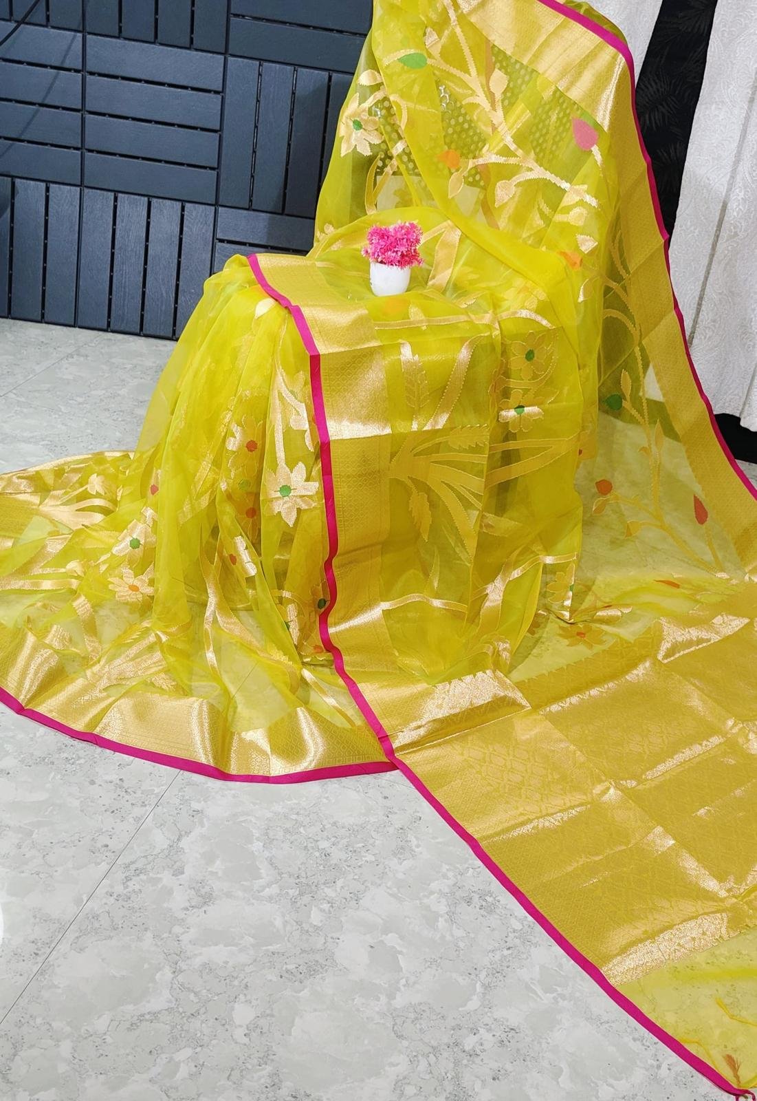 Lime Gold Jamdani Saree by Muditaa Fashions