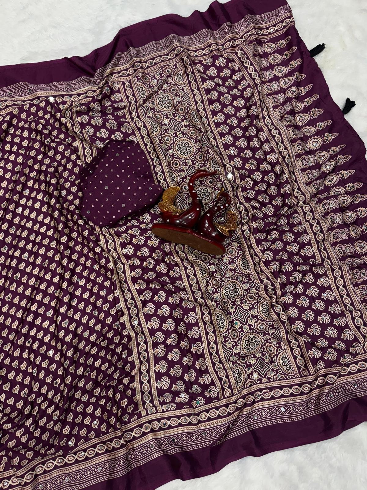 Plum Mirror-work Saree by Muditaa Fashions