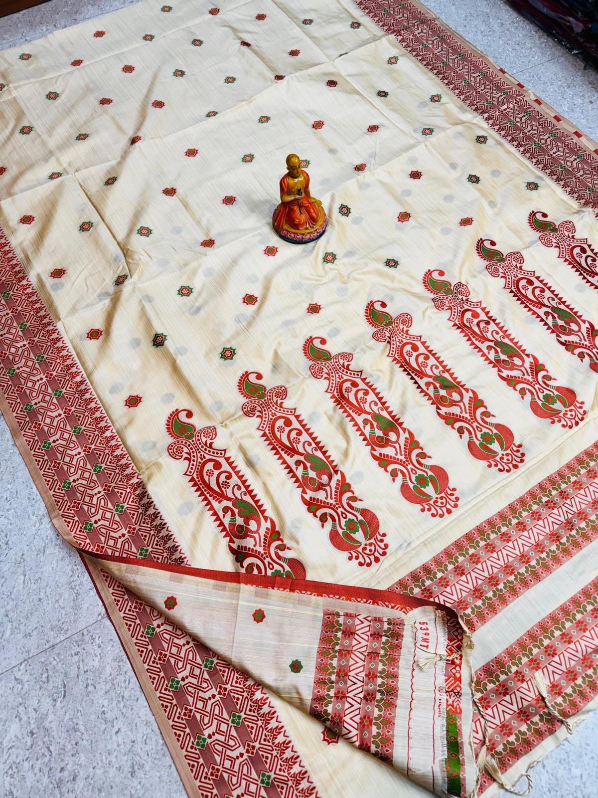 Ivory Red Folk Border Saree by Muditaa Fashions