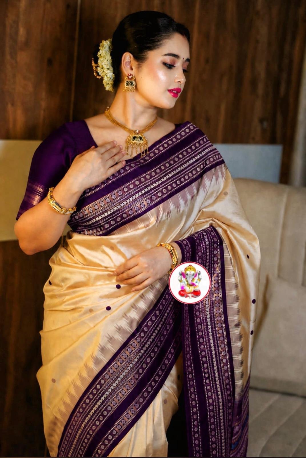 Ivory Purple Heritage Saree by Muditaa Fashions
