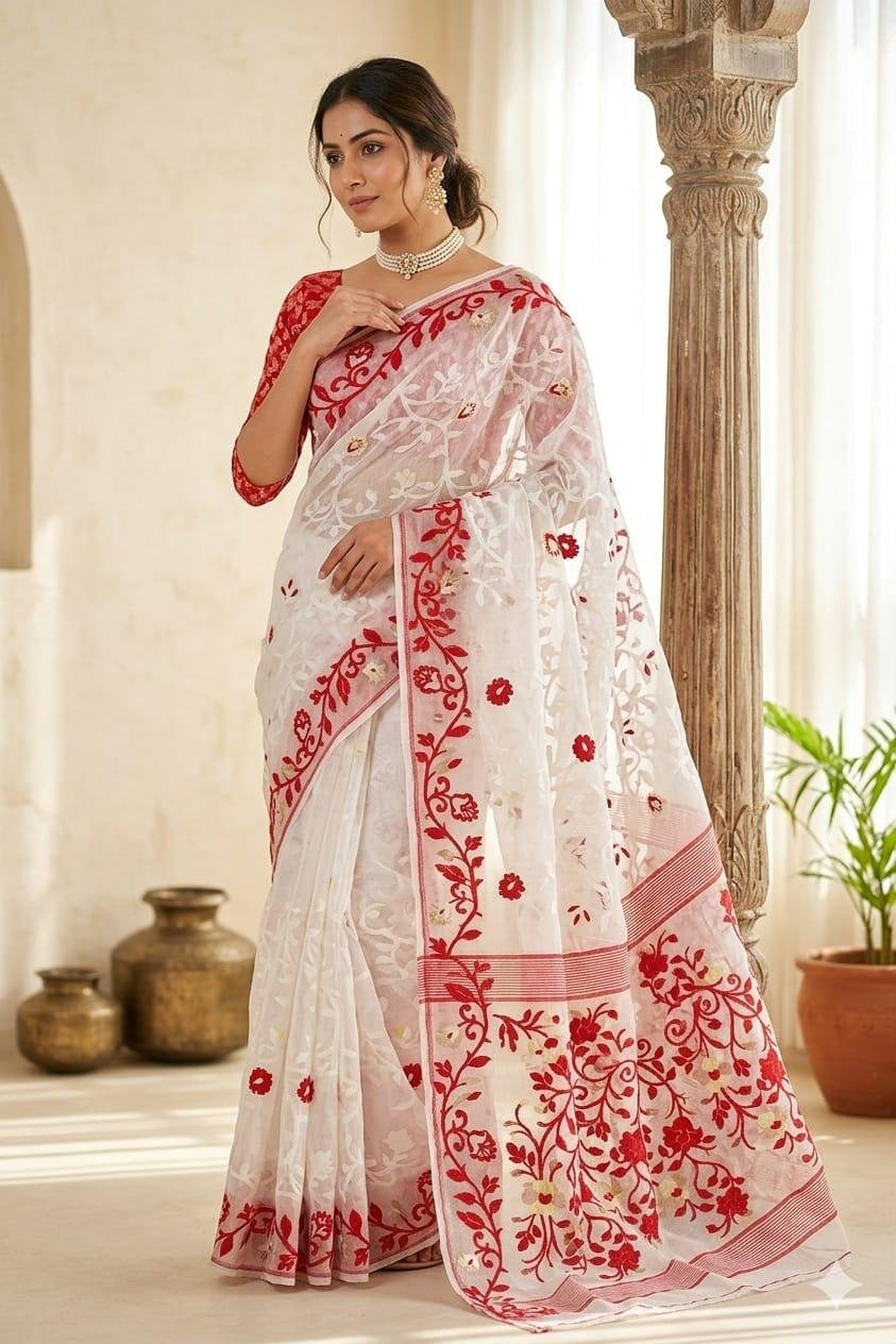 Ivory Red Jamdani Saree by Muditaa Fashions