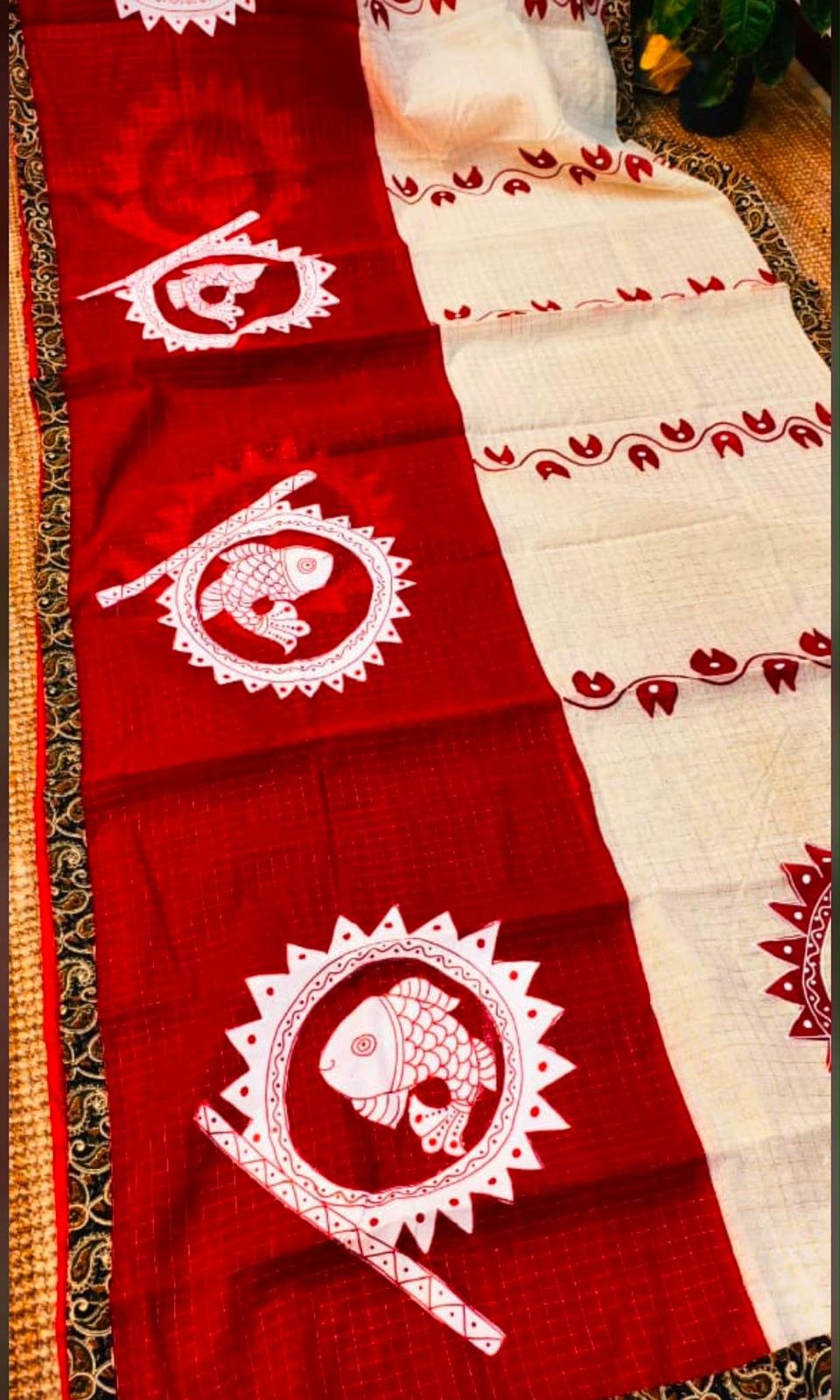 Red Ivory Folk Saree by Muditaa Fashions