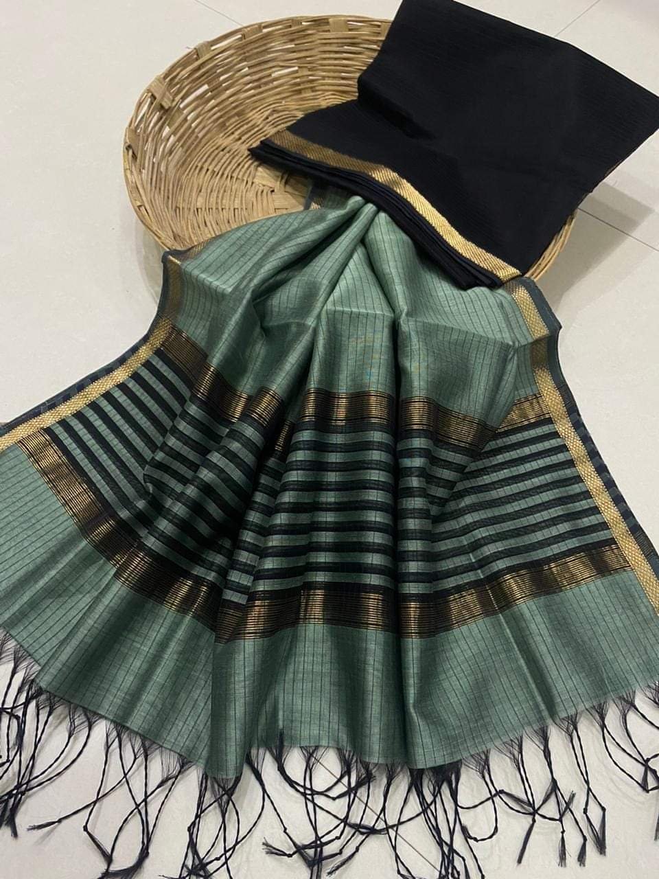 Sage Black Border Saree by Muditaa Fashions
