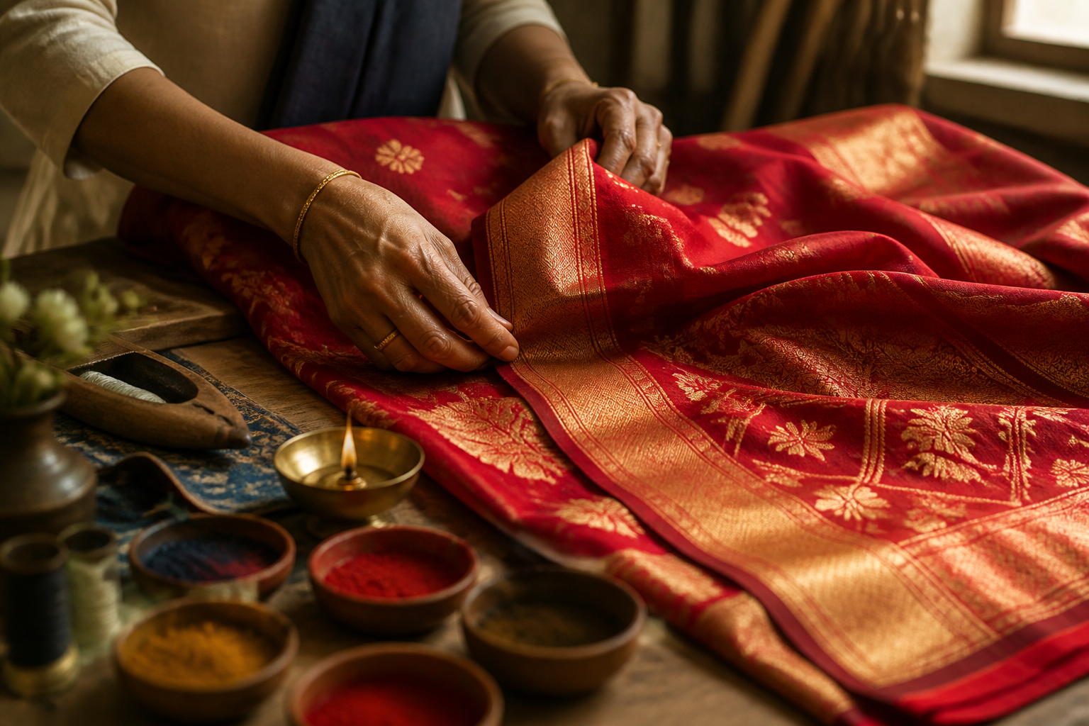 Artisan hands inspecting a Muditaa saree